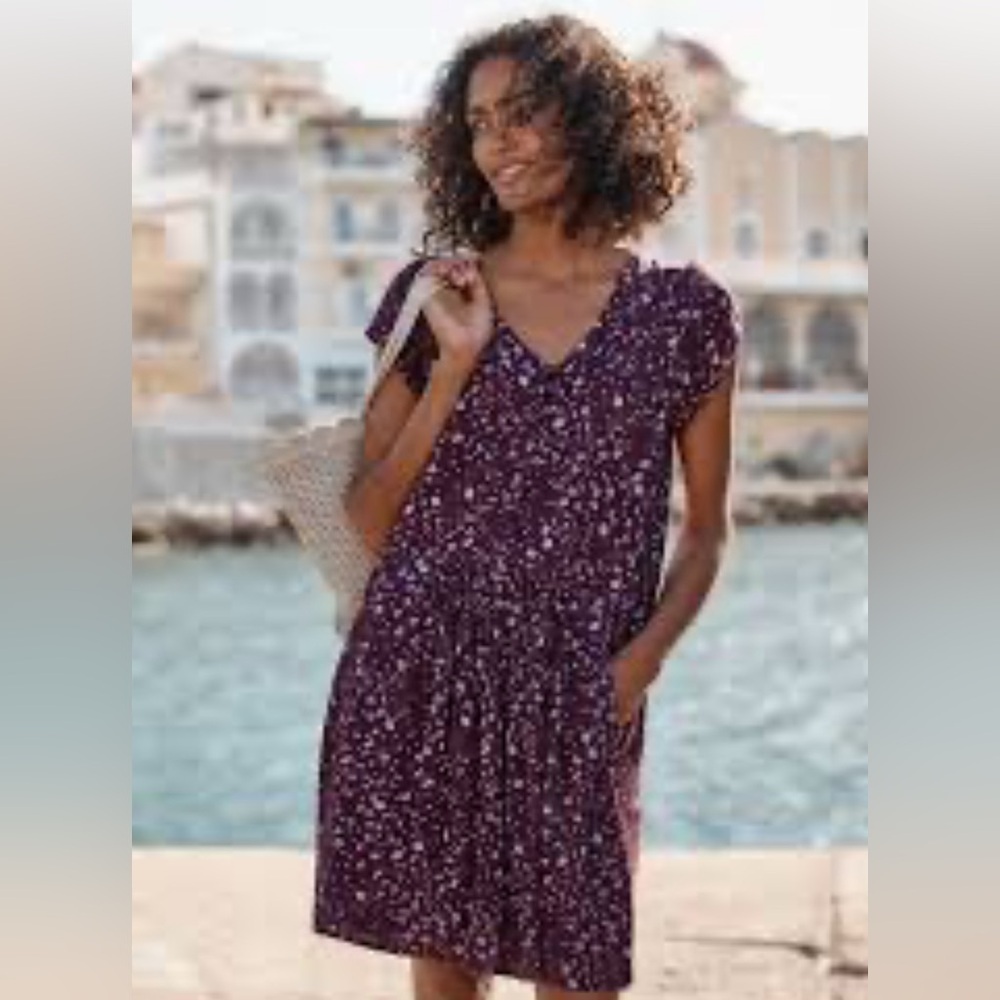Garnet Hill EUC❤️Purple Floral Crepe Dress Gathered Drop Waist w/ pockets.